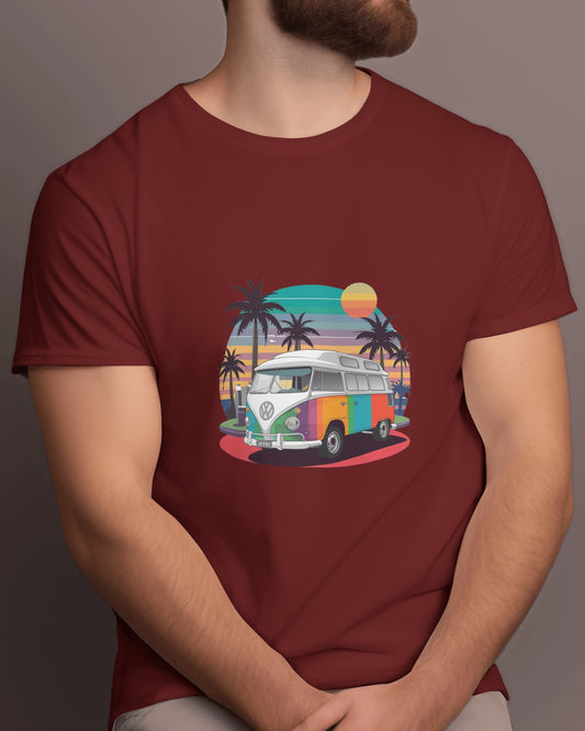 Maroon Retro Camper Van T-shirt Front Side