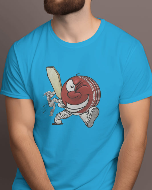 Funny Cricket Ball Sky Blue Colour T-shirt Front Side